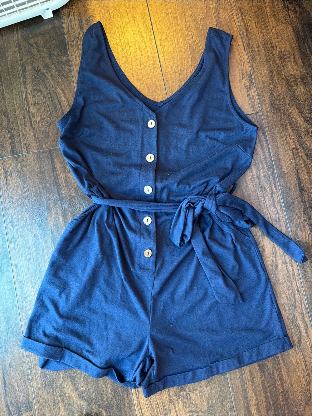 Navy Blue' Button-Front One-Piece Romper with Tie Waist